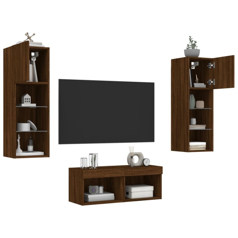 vidaXL Muebles de TV de pared con luces LED 4 piezas marrón roble vidaXL Muebles de TV de pared con luces LED 4 piezas marrón roble