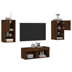 vidaXL Muebles de TV de pared con luces LED 4 piezas marrón roble