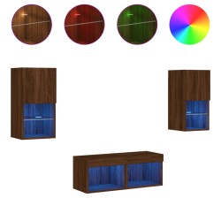 vidaXL Muebles de TV de pared con luces LED 4 piezas marrón roble