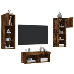 vidaXL Muebles de TV de pared con luces LED 4 piezas roble ahumado