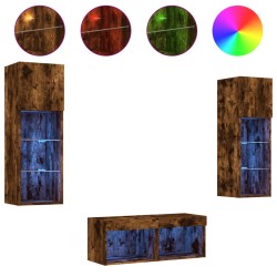 vidaXL Muebles de TV de pared con luces LED 4 piezas roble ahumado