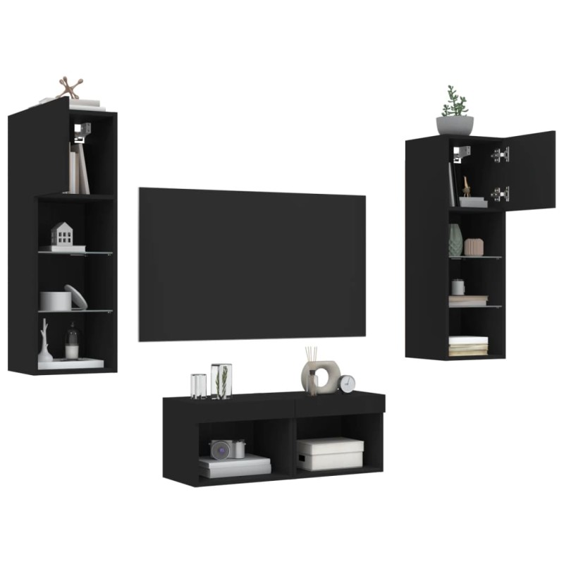 vidaXL Muebles de TV de pared con luces LED 4 piezas negro