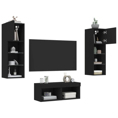 vidaXL Muebles de TV de pared con luces LED 4 piezas negro