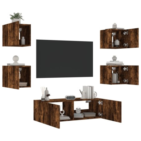 vidaXL Muebles de TV de pared con luces LED 5 piezas roble ahumado