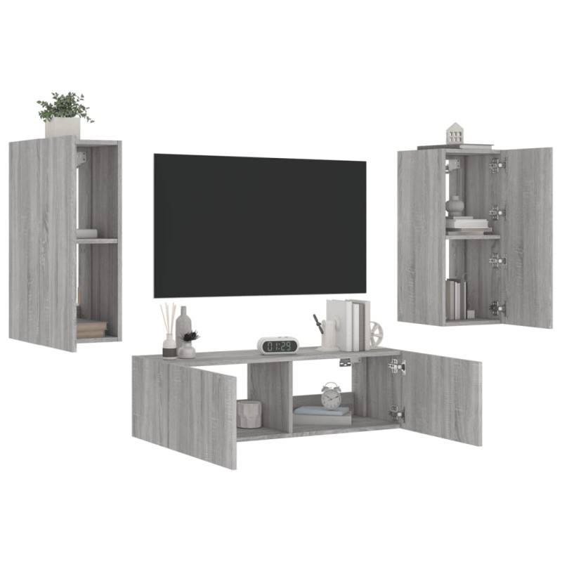 vidaXL Muebles de TV de pared con luces LED 3 piezas gris Sonoma vidaXL Muebles de TV de pared con luces LED 3 piezas gris Sonoma
