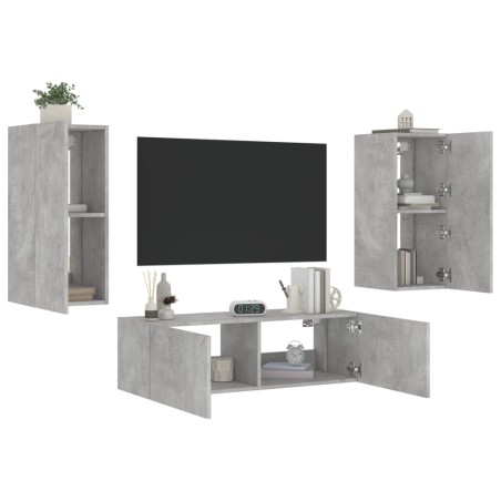 vidaXL Muebles de TV de pared con luces LED 3 piezas gris hormigón