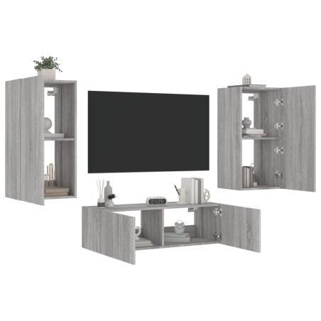 vidaXL Muebles de TV de pared con luces LED 3 piezas gris Sonoma