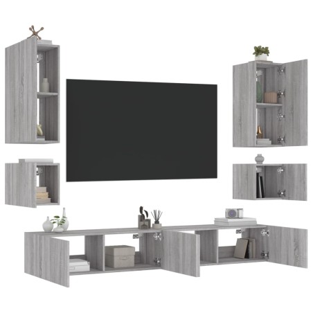 vidaXL Muebles de TV de pared con luces LED 6 piezas gris Sonoma