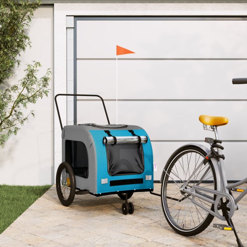 vidaXL Remolque de bicicleta mascotas hierro tela Oxford azul gris
