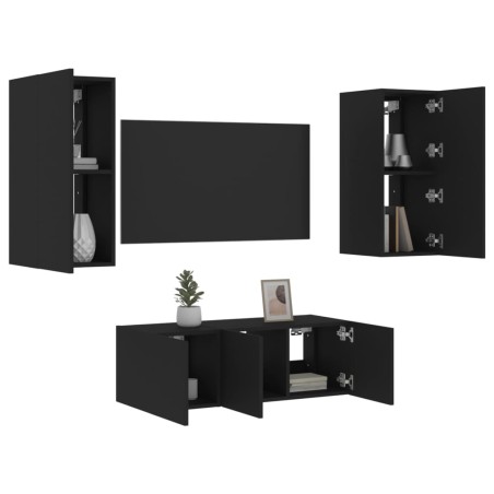 vidaXL Muebles de TV de pared con LED 4 pzas madera ingeniería negro