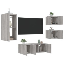 vidaXL Muebles TV pared con LED 5 pzas madera ingeniería gris Sonoma