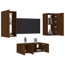 vidaXL Muebles TV pared con LED 4 pzas madera ingeniería marrón roble