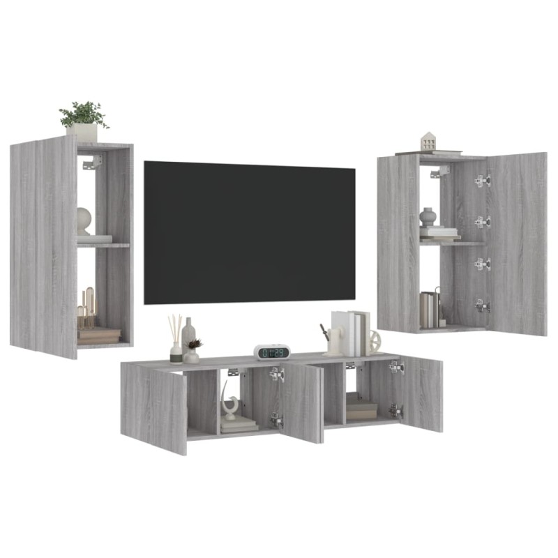 vidaXL Muebles TV pared con LED 4 pzas madera ingeniería gris Sonoma
