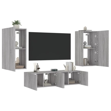 vidaXL Muebles TV pared con LED 4 pzas madera ingeniería gris Sonoma
