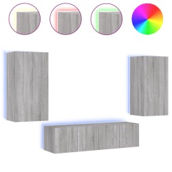 vidaXL Muebles TV pared con LED 4 pzas madera ingeniería gris Sonoma