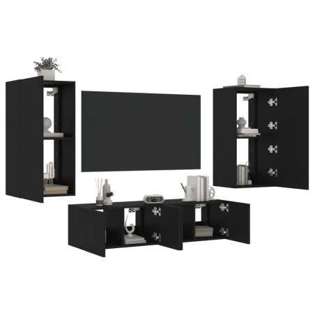 vidaXL Muebles de TV de pared con LED 4 pzas madera ingeniería negro