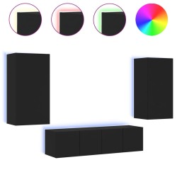 vidaXL Muebles de TV de pared con LED 4 pzas madera ingeniería negro
