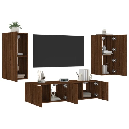 vidaXL Muebles TV pared con LED 4 pzas madera ingeniería marrón roble