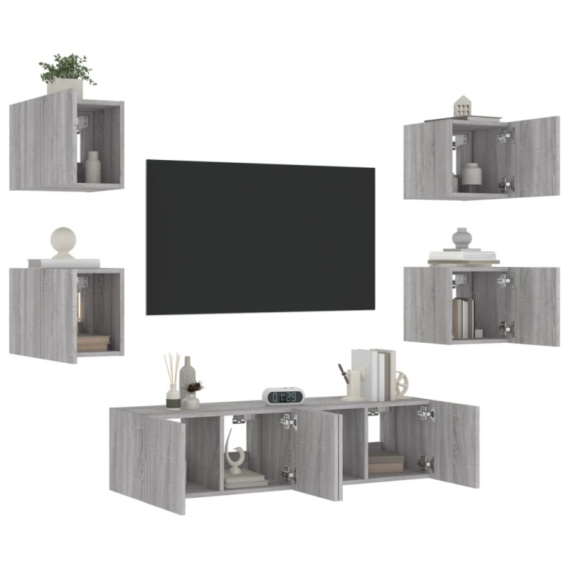 vidaXL Muebles TV pared con LED 6 pzas madera ingeniería gris Sonoma