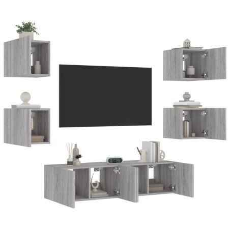 vidaXL Muebles TV pared con LED 6 pzas madera ingeniería gris Sonoma