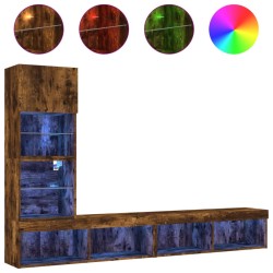 vidaXL Muebles TV pared con LED 4 pzas madera ingeniería roble ahumado