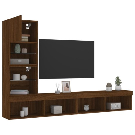 vidaXL Muebles TV pared con LED 4 pzas madera ingeniería marrón roble
