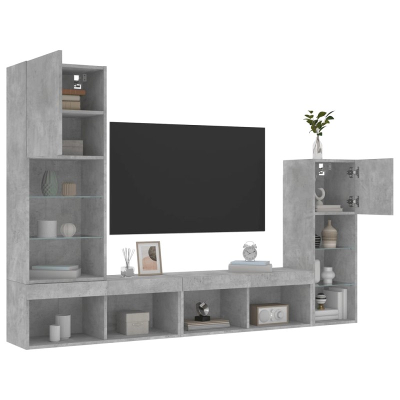 vidaXL Muebles TV pared con LED 4 pzas madera ingeniería gris hormigón vidaXL Muebles TV pared con LED 4 pzas madera ingeniería gris hormigón