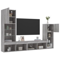 vidaXL Muebles TV pared con LED 4 pzas madera ingeniería gris Sonoma