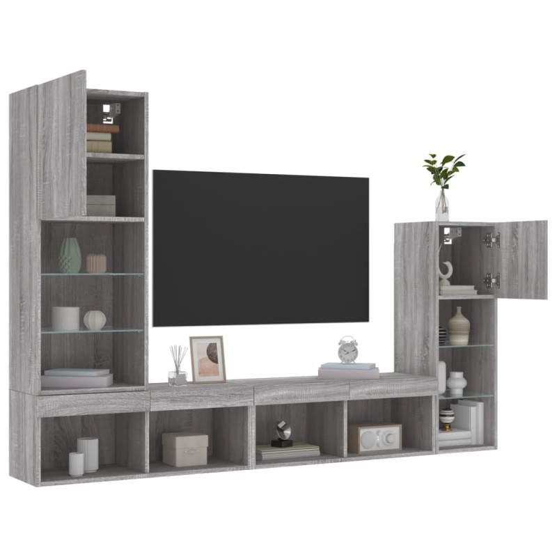 vidaXL Muebles TV pared con LED 4 pzas madera ingeniería gris Sonoma vidaXL Muebles TV pared con LED 4 pzas madera ingeniería gris Sonoma
