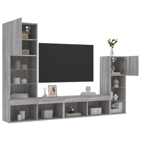 vidaXL Muebles TV pared con LED 4 pzas madera ingeniería gris Sonoma
