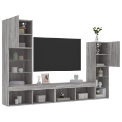 vidaXL Muebles TV pared con LED 4 pzas madera ingeniería gris Sonoma