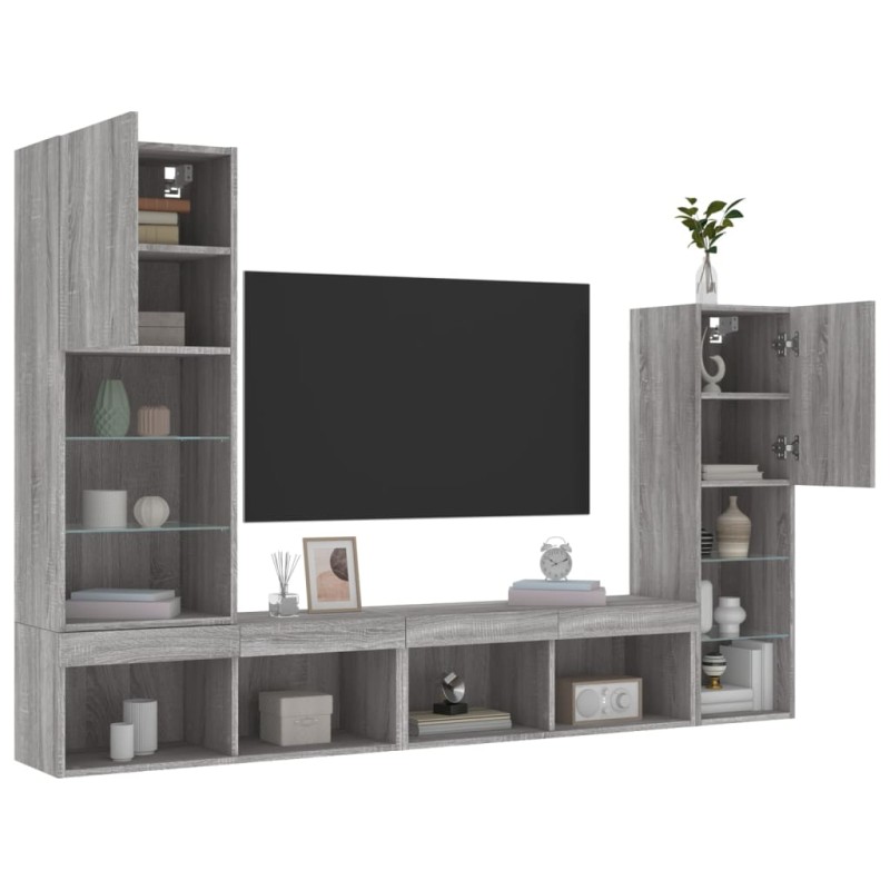 vidaXL Muebles TV pared con LED 4 pzas madera ingeniería gris Sonoma