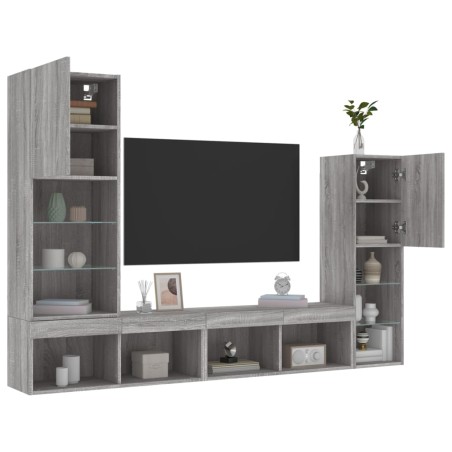 vidaXL Muebles TV pared con LED 4 pzas madera ingeniería gris Sonoma