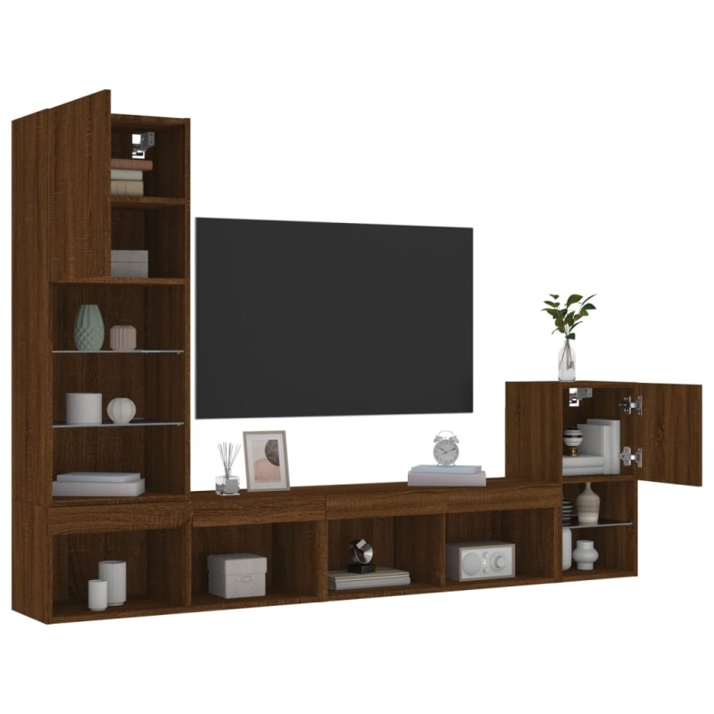 vidaXL Muebles TV pared con LED 4 pzas madera ingeniería marrón roble vidaXL Muebles TV pared con LED 4 pzas madera ingeniería marrón roble