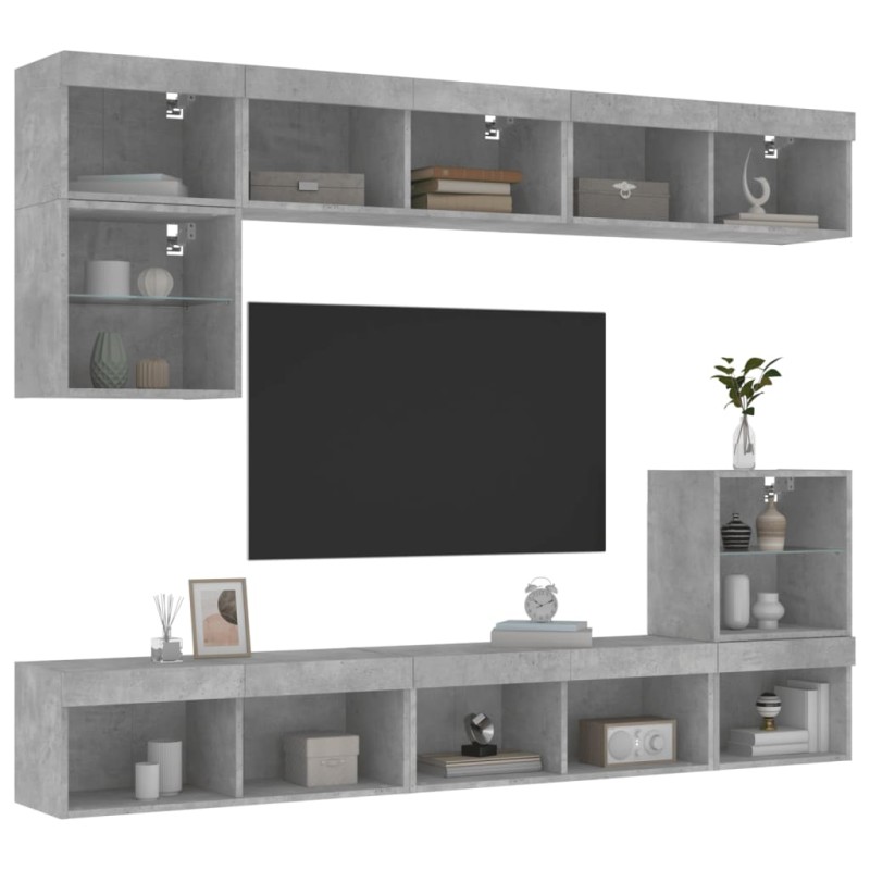 vidaXL Muebles TV pared con LED 8 pzas madera ingeniería gris hormigón vidaXL Muebles TV pared con LED 8 pzas madera ingeniería gris hormigón