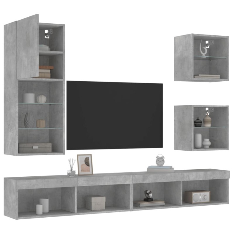 vidaXL Muebles TV pared con LED 5 pzas madera ingeniería gris hormigón