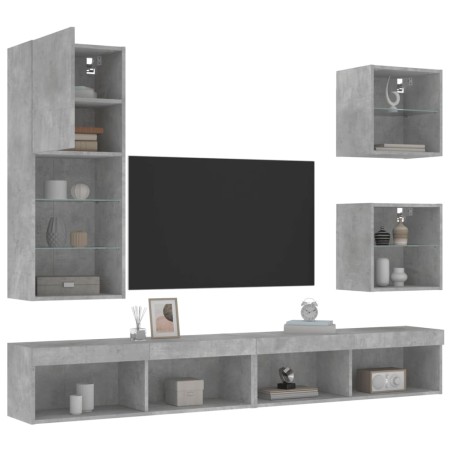 vidaXL Muebles TV pared con LED 5 pzas madera ingeniería gris hormigón