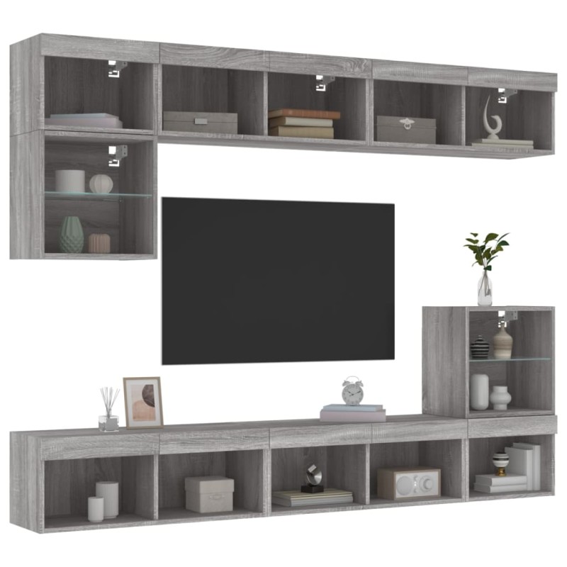 vidaXL Muebles TV pared con LED 8 pzas madera ingeniería gris Sonoma vidaXL Muebles TV pared con LED 8 pzas madera ingeniería gris Sonoma