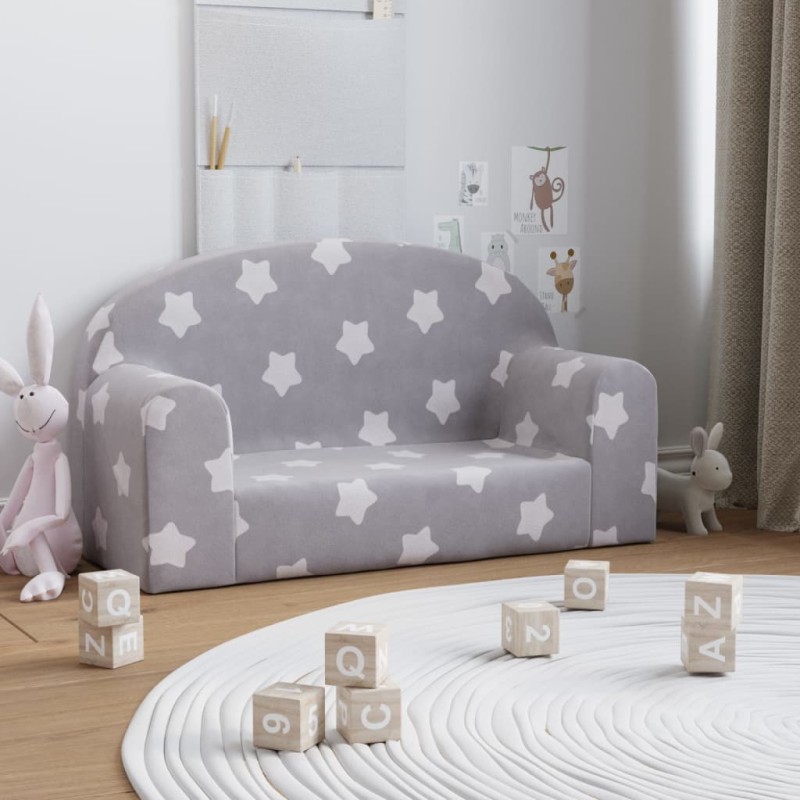 vidaXL Sofá de niños de 2 plazas felpa suave gris claro con estrellas vidaXL Sofá de niños de 2 plazas felpa suave gris claro con estrellas
