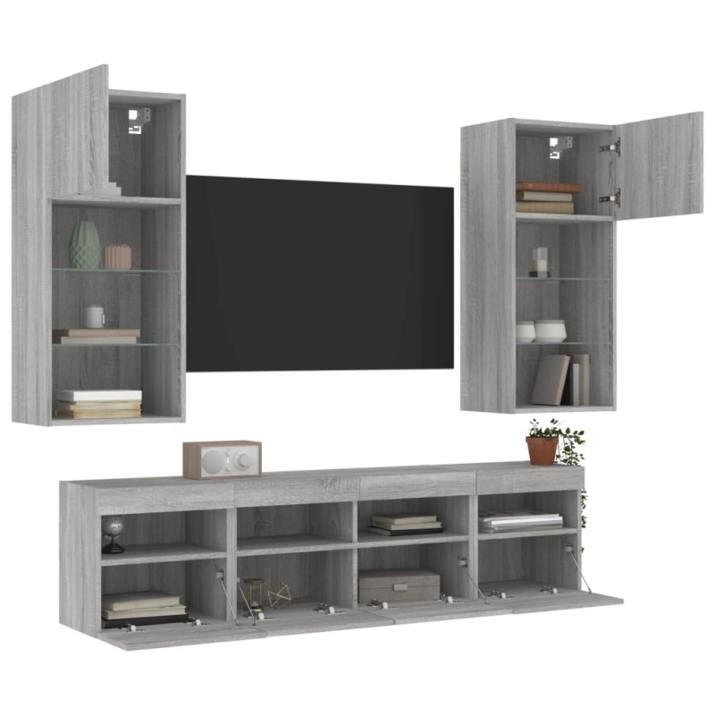 vidaXL Muebles TV pared con LED 5 pzas madera ingeniería gris Sonoma vidaXL Muebles TV pared con LED 5 pzas madera ingeniería gris Sonoma
