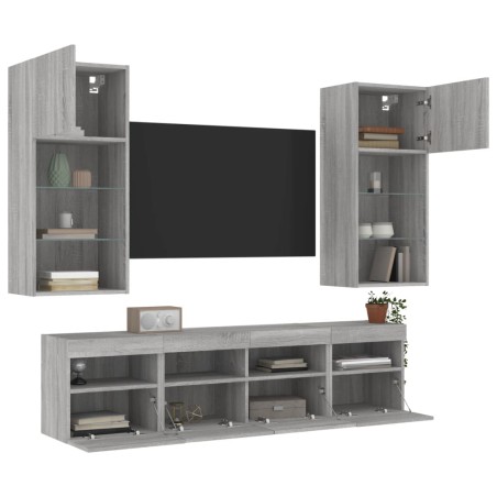 vidaXL Muebles TV pared con LED 5 pzas madera ingeniería gris Sonoma