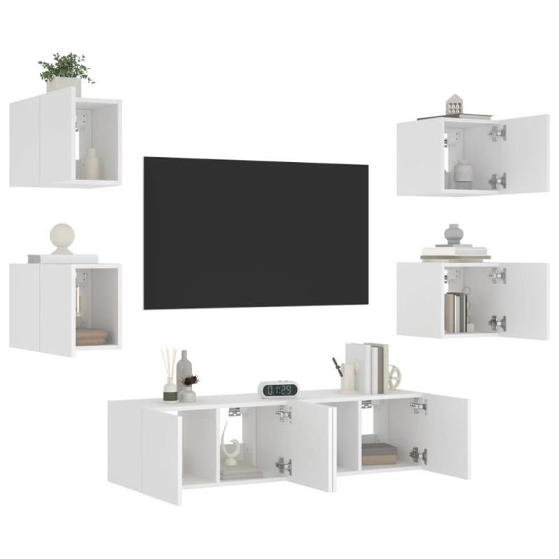 vidaXL Muebles de TV de pared con LED 6 pzas madera ingeniería blanco vidaXL Muebles de TV de pared con LED 6 pzas madera ingeniería blanco