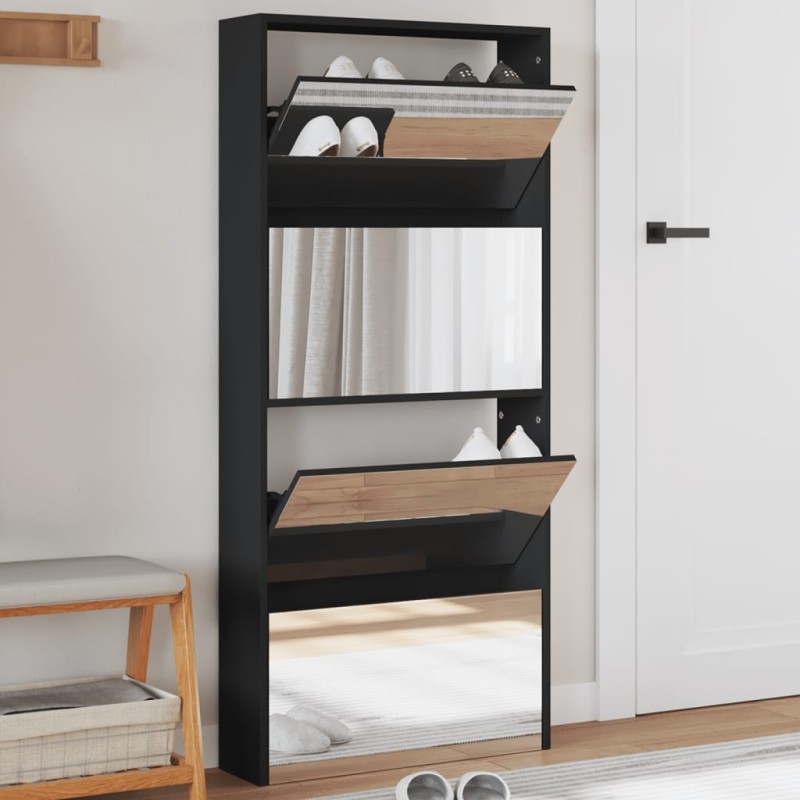 vidaXL Mueble zapatero con espejo 4 niveles negro 63x17x134 cm vidaXL Mueble zapatero con espejo 4 niveles negro 63x17x134 cm