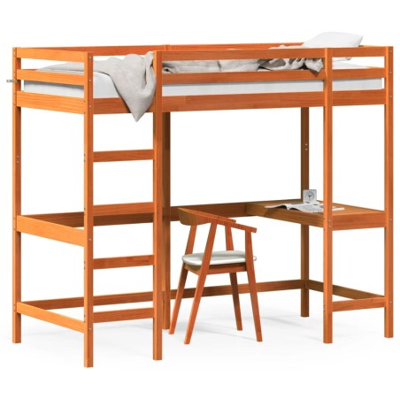 vidaXL Cama alta con escritorio madera maciza pino marrón 100x200 cm