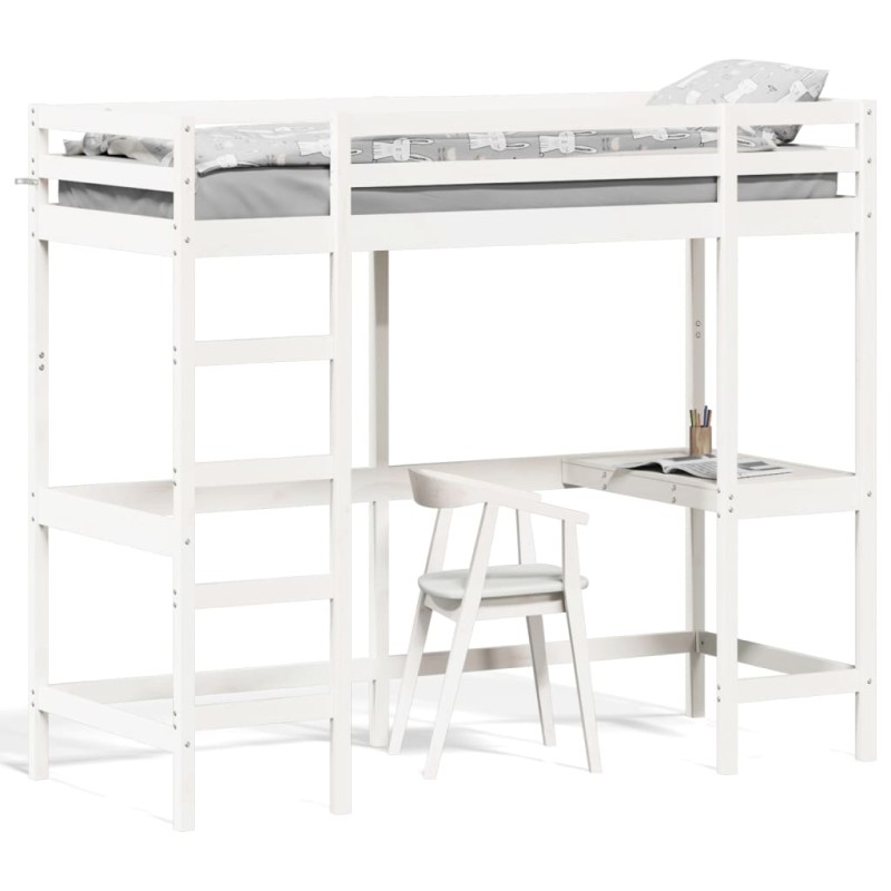 vidaXL Cama alta con escritorio madera maciza pino blanca 75x190 cm vidaXL Cama alta con escritorio madera maciza pino blanca 75x190 cm