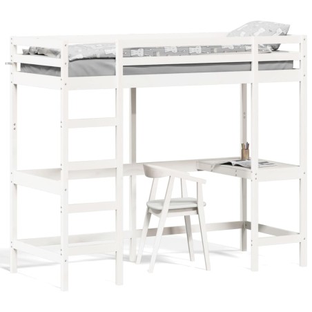 vidaXL Cama alta con escritorio madera maciza pino blanca 75x190 cm