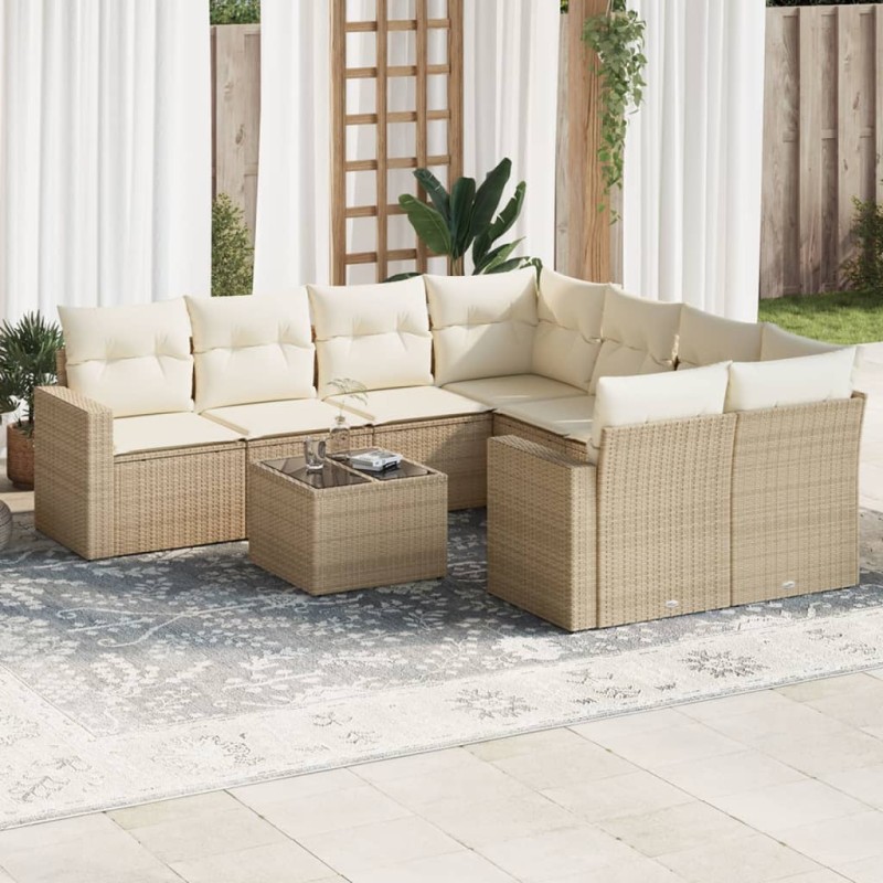 vidaXL Set de sofás de jardín 9 pzas con cojines ratán sintético beige vidaXL Set de sofás de jardín 9 pzas con cojines ratán sintético beige