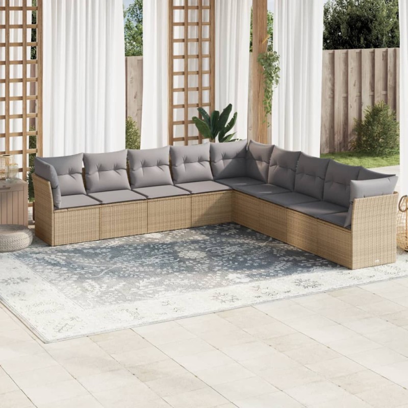 vidaXL Set de sofás de jardín 9 pzas con cojines ratán sintético beige vidaXL Set de sofás de jardín 9 pzas con cojines ratán sintético beige
