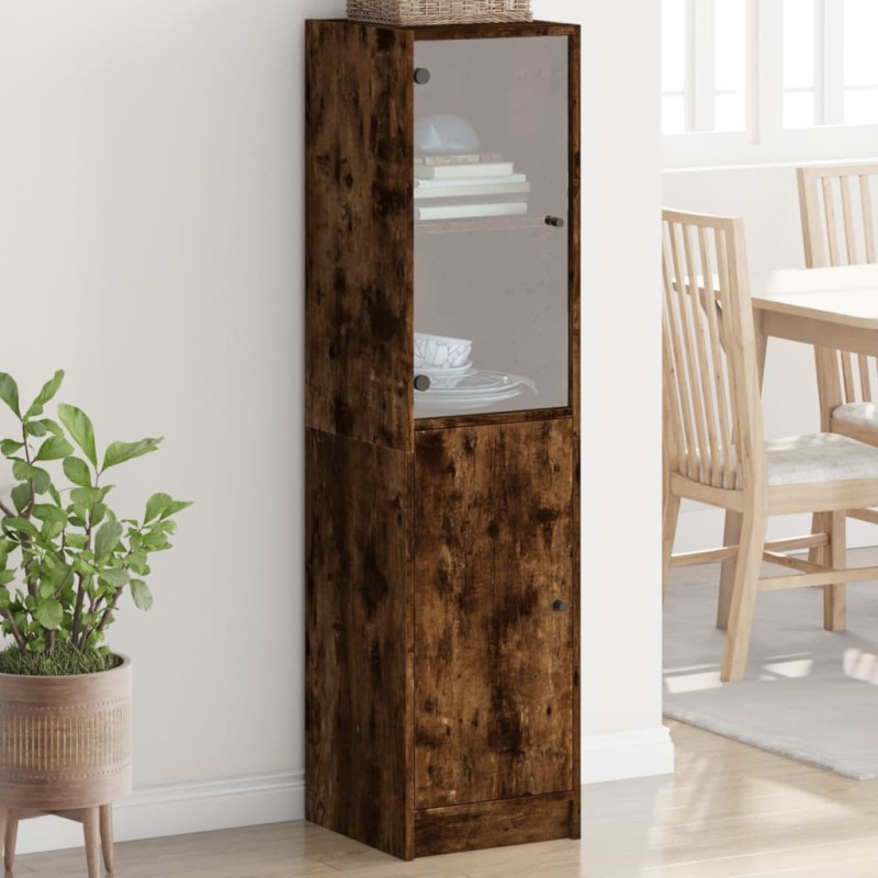 vidaXL Aparador con puerta de vidrio roble ahumado 35x37x142 cm vidaXL Aparador con puerta de vidrio roble ahumado 35x37x142 cm