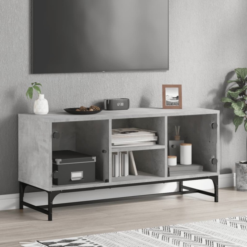 vidaXL Mueble de TV con puertas de vidrio gris hormigón 102x37x50 cm vidaXL Mueble de TV con puertas de vidrio gris hormigón 102x37x50 cm